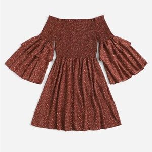 Plus Ditsy Floral Shirred Bodice Bardot Dress in rust brown. Size 16.